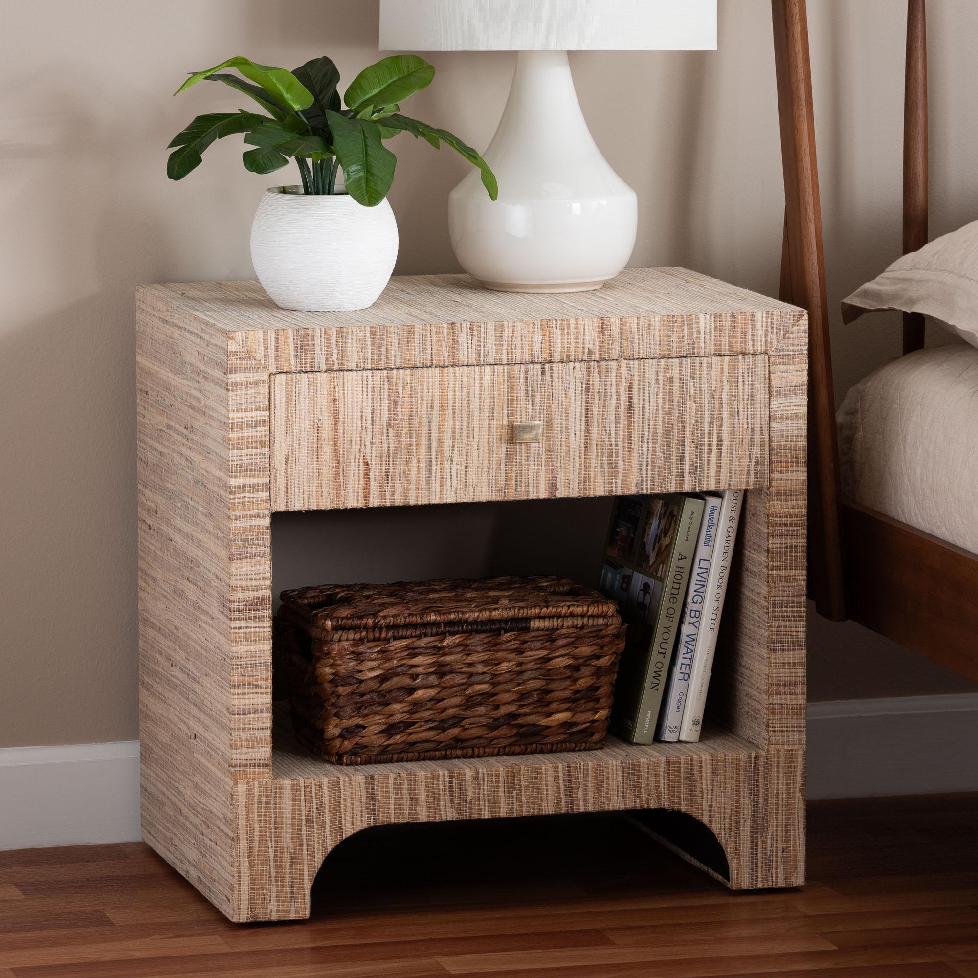 Julia Bohemian Woven Natural Grasscloth 1-Drawer Nightstand