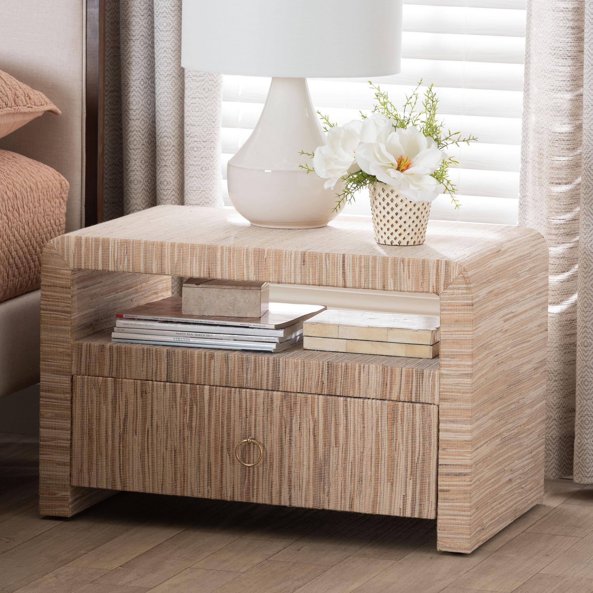 Hannah Bohemian Woven Grasscloth 1-Drawer Nightstand
