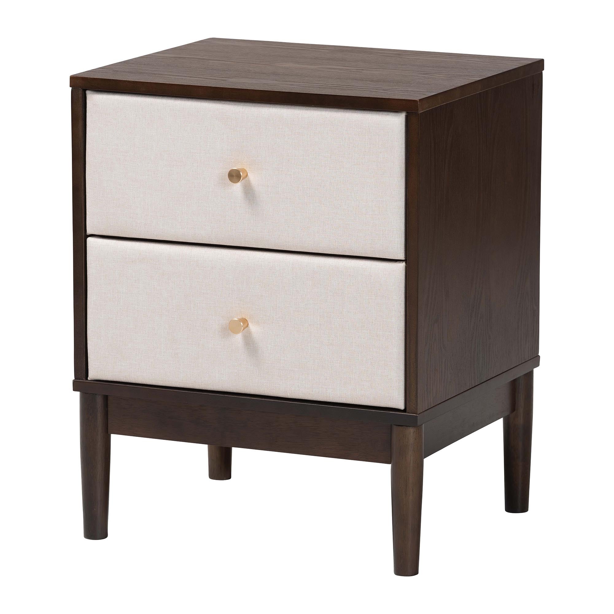 Nikolai Mid-Century Beige Fabric and Wenge Brown Wood 2-Drawer Nightstand