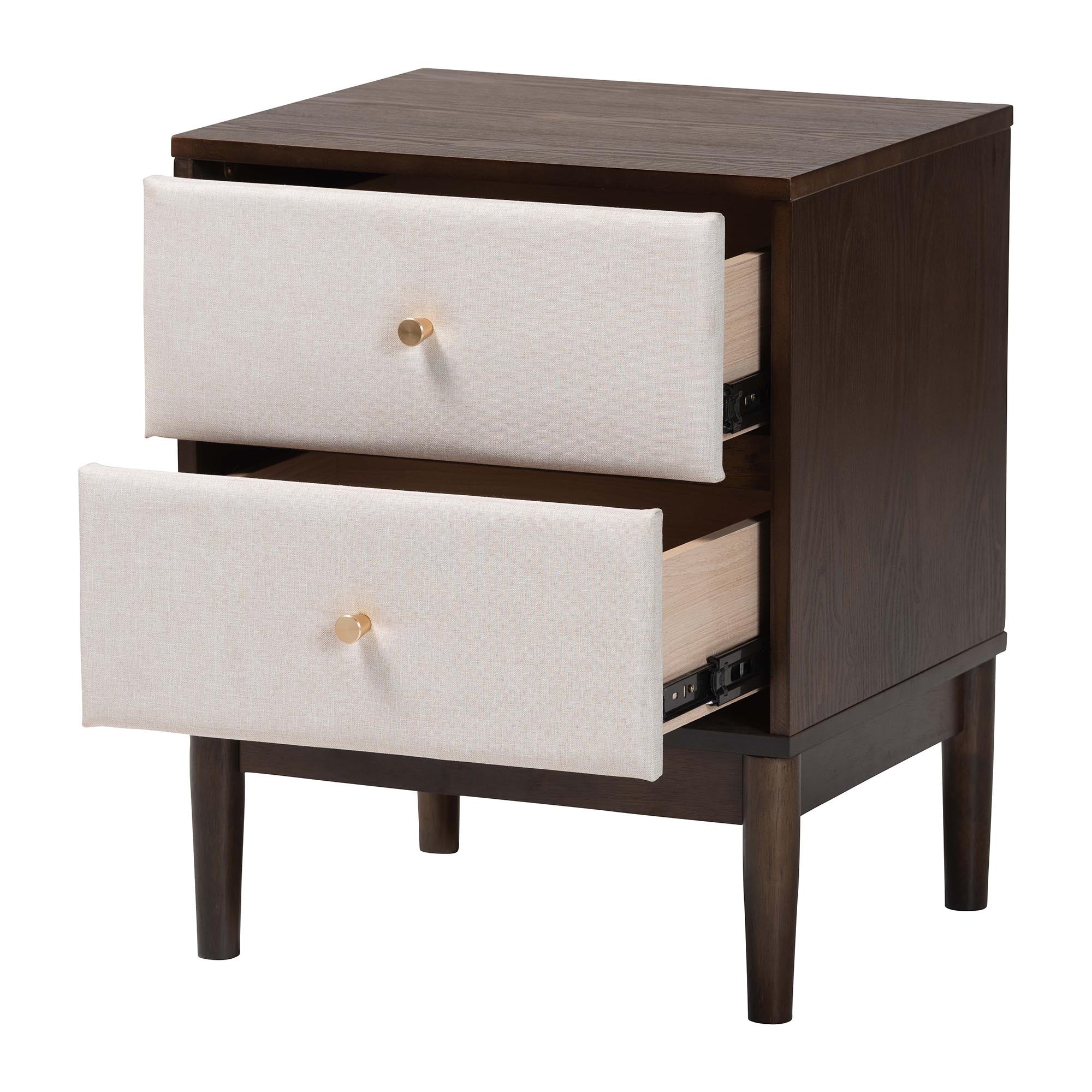 Nikolai Mid-Century Beige Fabric and Wenge Brown Wood 2-Drawer Nightstand