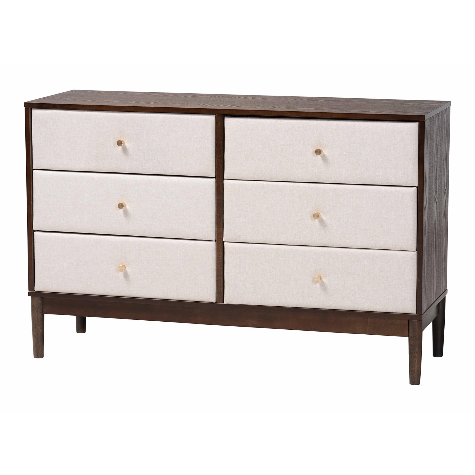 Nikolai Mid-Century Beige Fabric and Wenge Brown Wood 6-Drawer Dresser