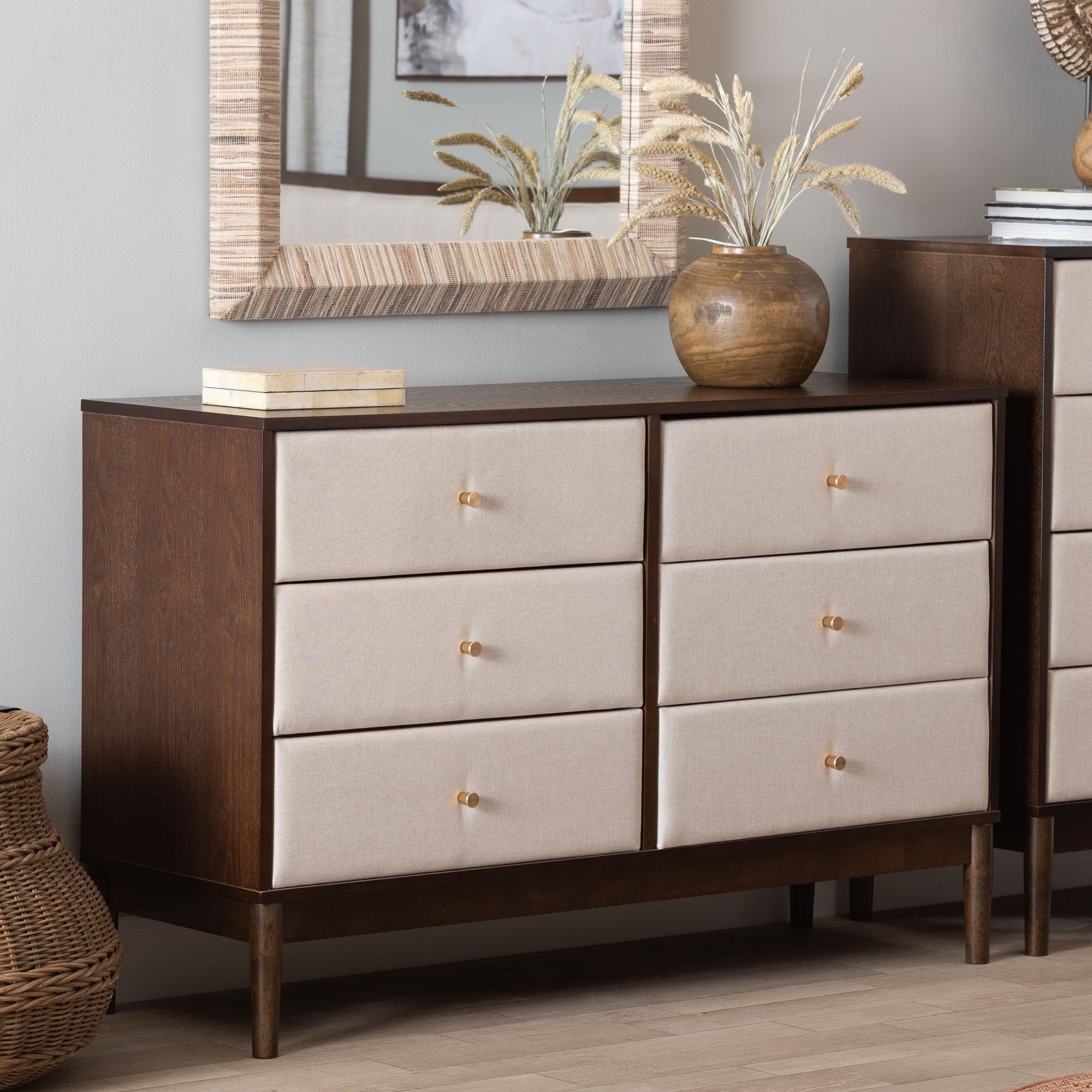 Nikolai Mid-Century Beige Fabric and Wenge Brown Wood 6-Drawer Dresser