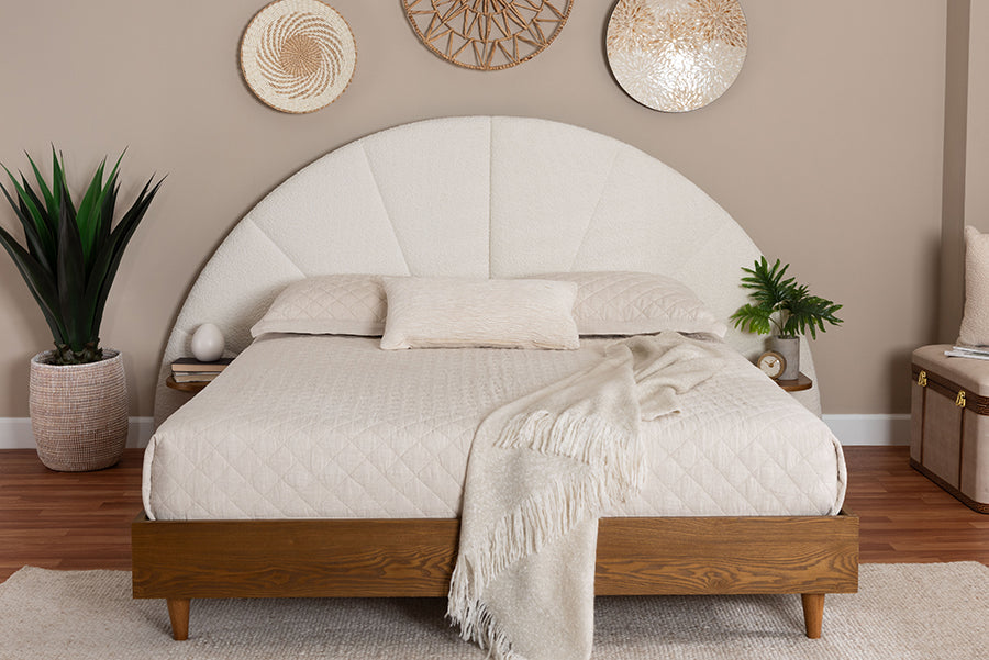 Bernice Japandi Cream Boucle and Walnut Brown Wood Queen Bed
