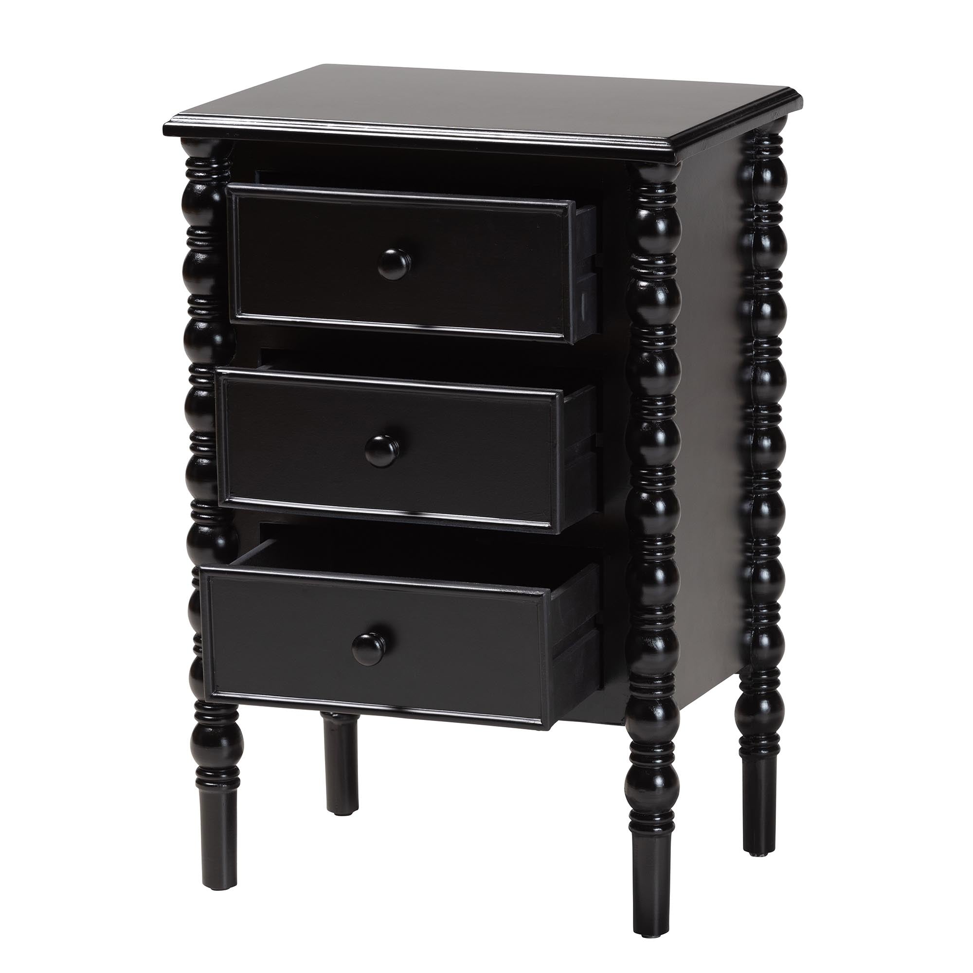 Malinda Classic Black Wood 3-Drawer End Table with Spindle Legs