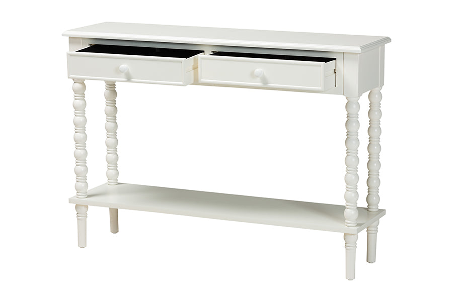 Malinda Classic White Wood 2-Drawer Console Table with Spindle Legs