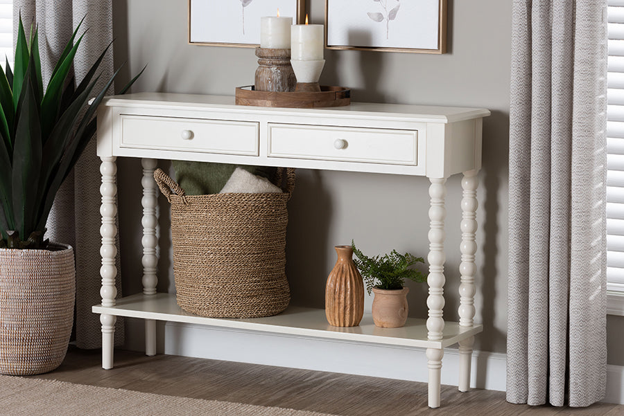Malinda Classic White Wood 2-Drawer Console Table with Spindle Legs