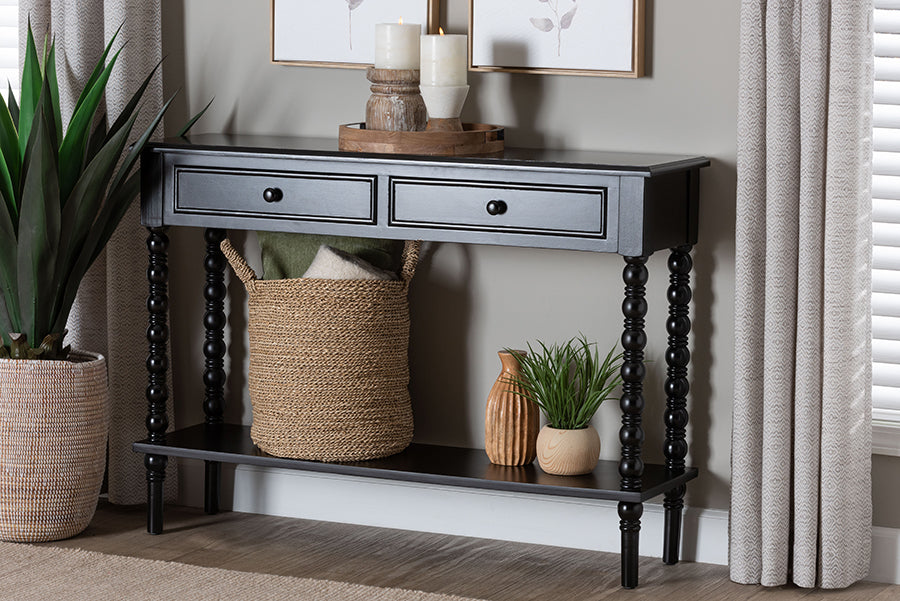 Malinda Classic Black Wood 2-Drawer Console Table with Spindle Legs