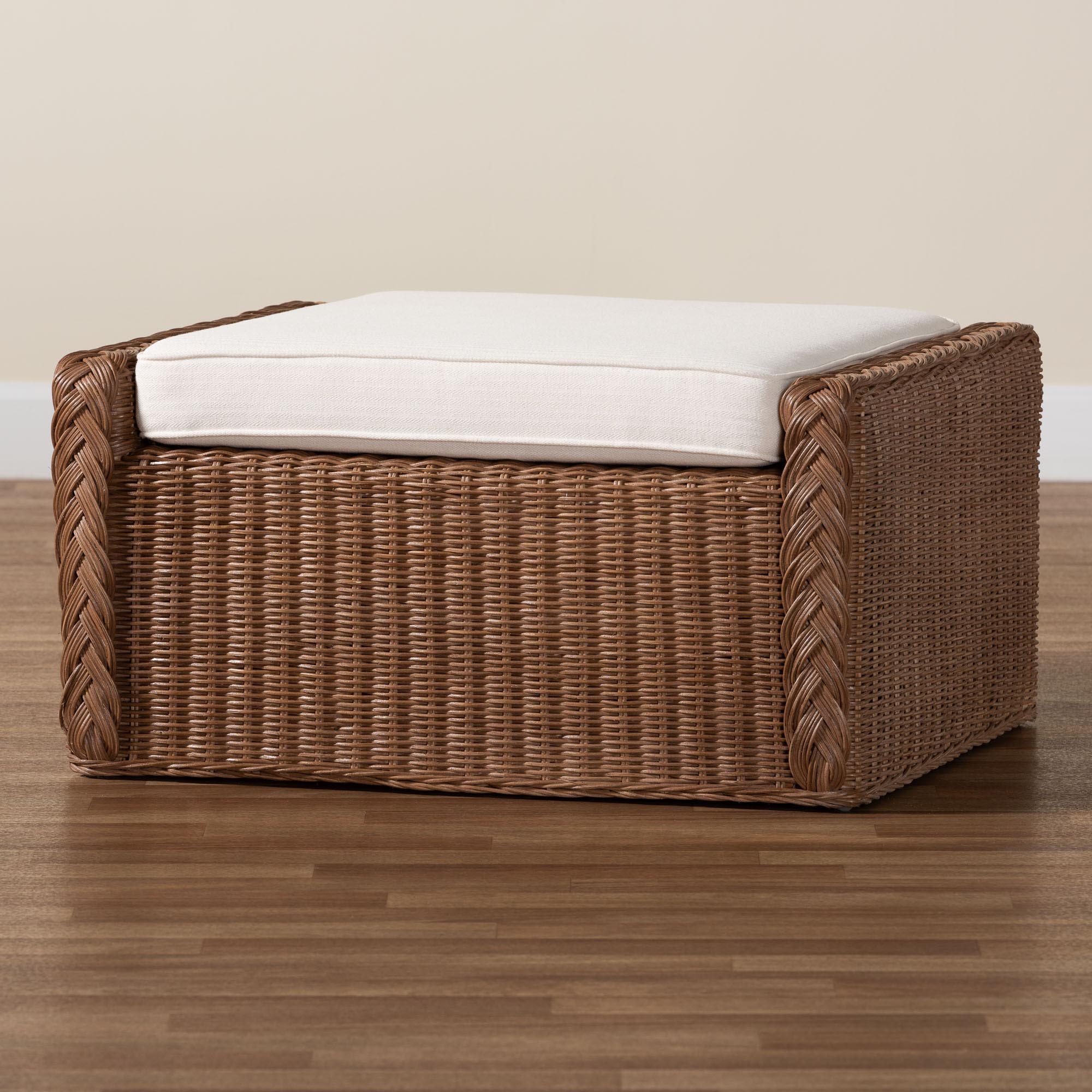 Derris Bohemian Peanut Brown Braided Rattan Footstool