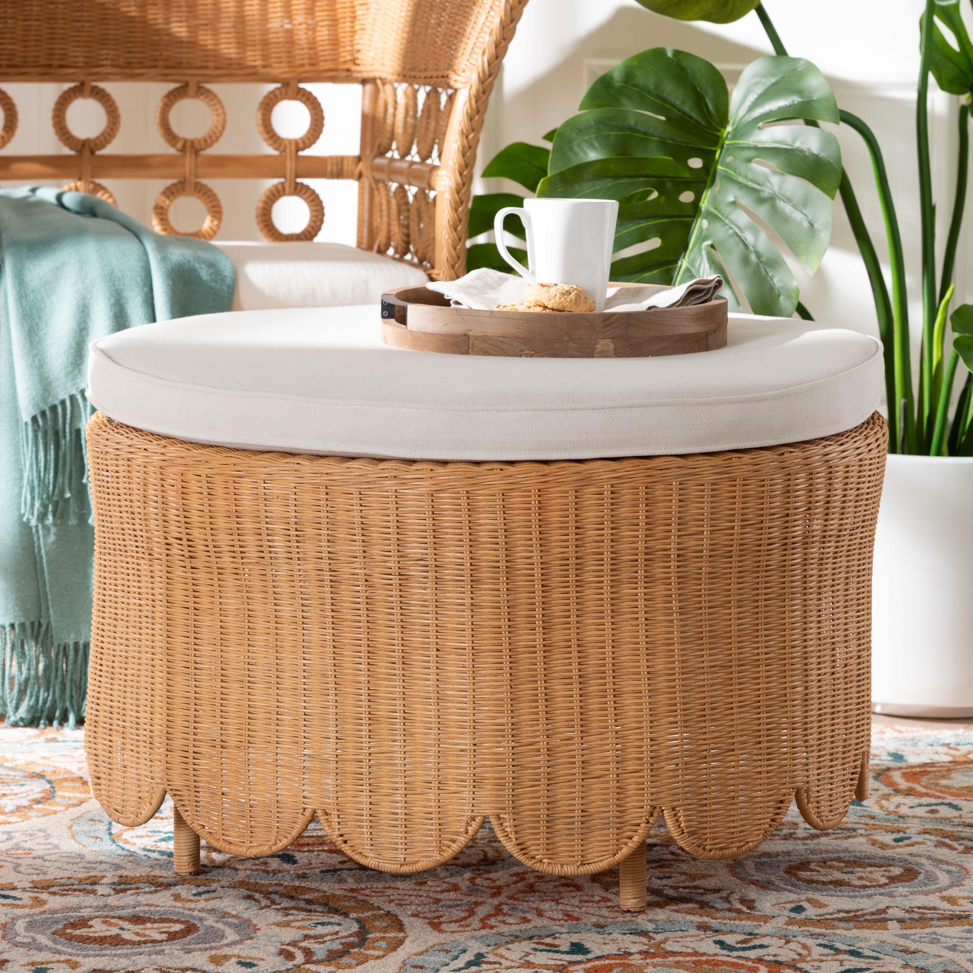 Teresa Bohemian Light Honey Scalloped Rattan Ottoman