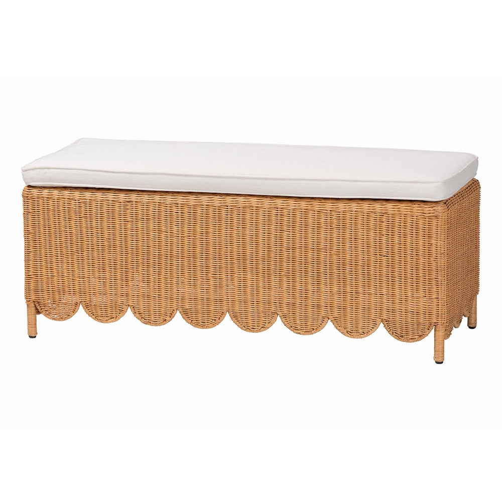 Teresa Bohemian Light Honey Scalloped Rattan Ottoman Bench