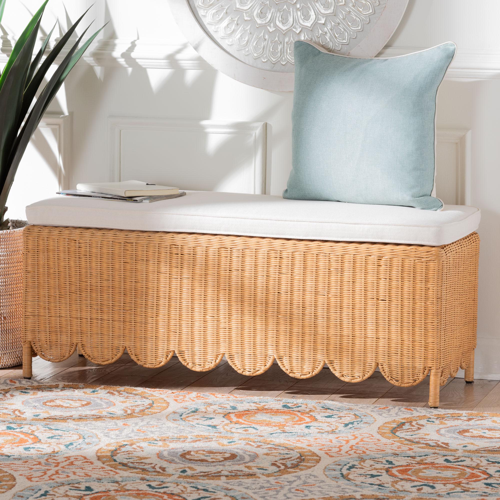 Teresa Bohemian Light Honey Scalloped Rattan Ottoman Bench