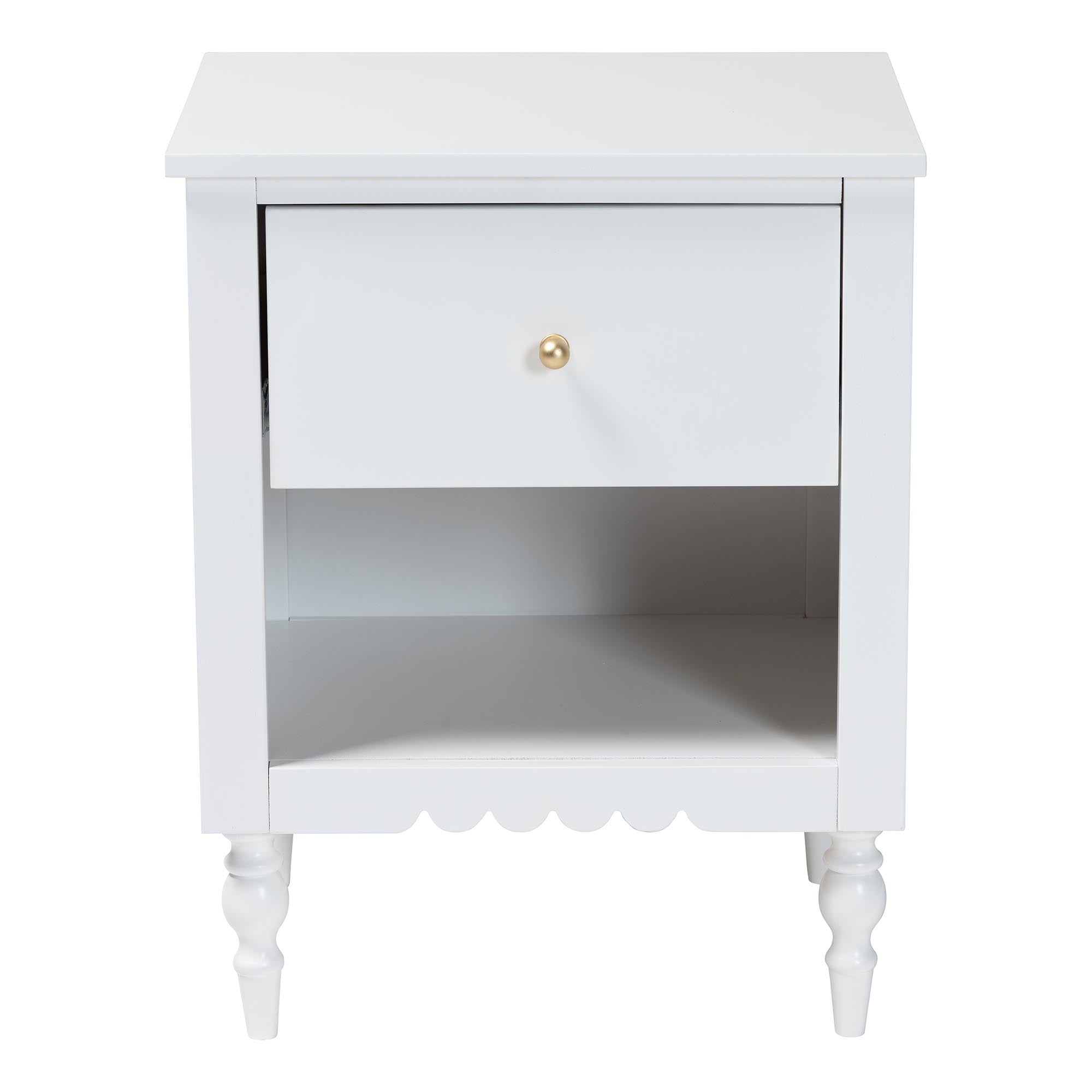 Roni Modern White Wood 1-Drawer Nightstand with Scalloped Edges