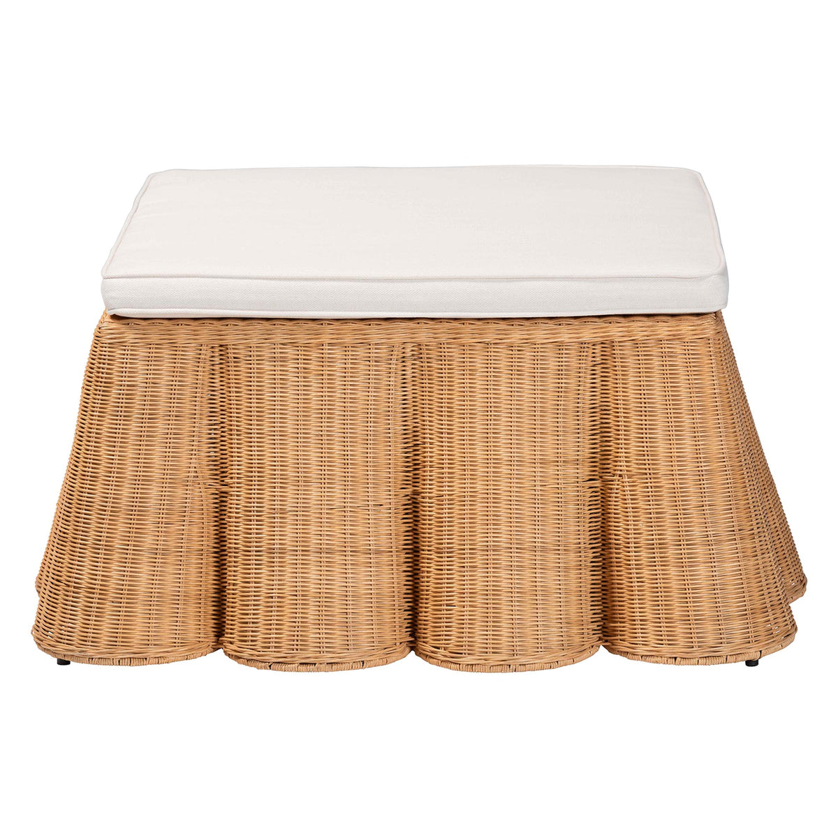 Palm Scallop Natural Rattan Ottoman with Cushion - Handwoven Wicker Accent Bench or Footrest for Living Room, Bedroom, or Sunroom Decor, 39" Square