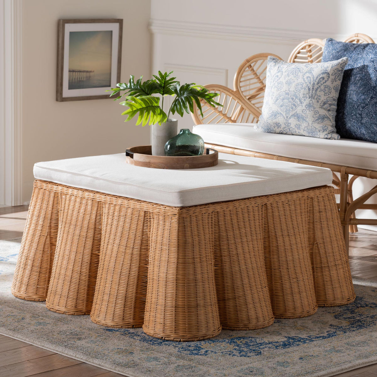 Palm Scallop Natural Rattan Ottoman with Cushion - Handwoven Wicker Accent Bench or Footrest for Living Room, Bedroom, or Sunroom Decor, 39" Square