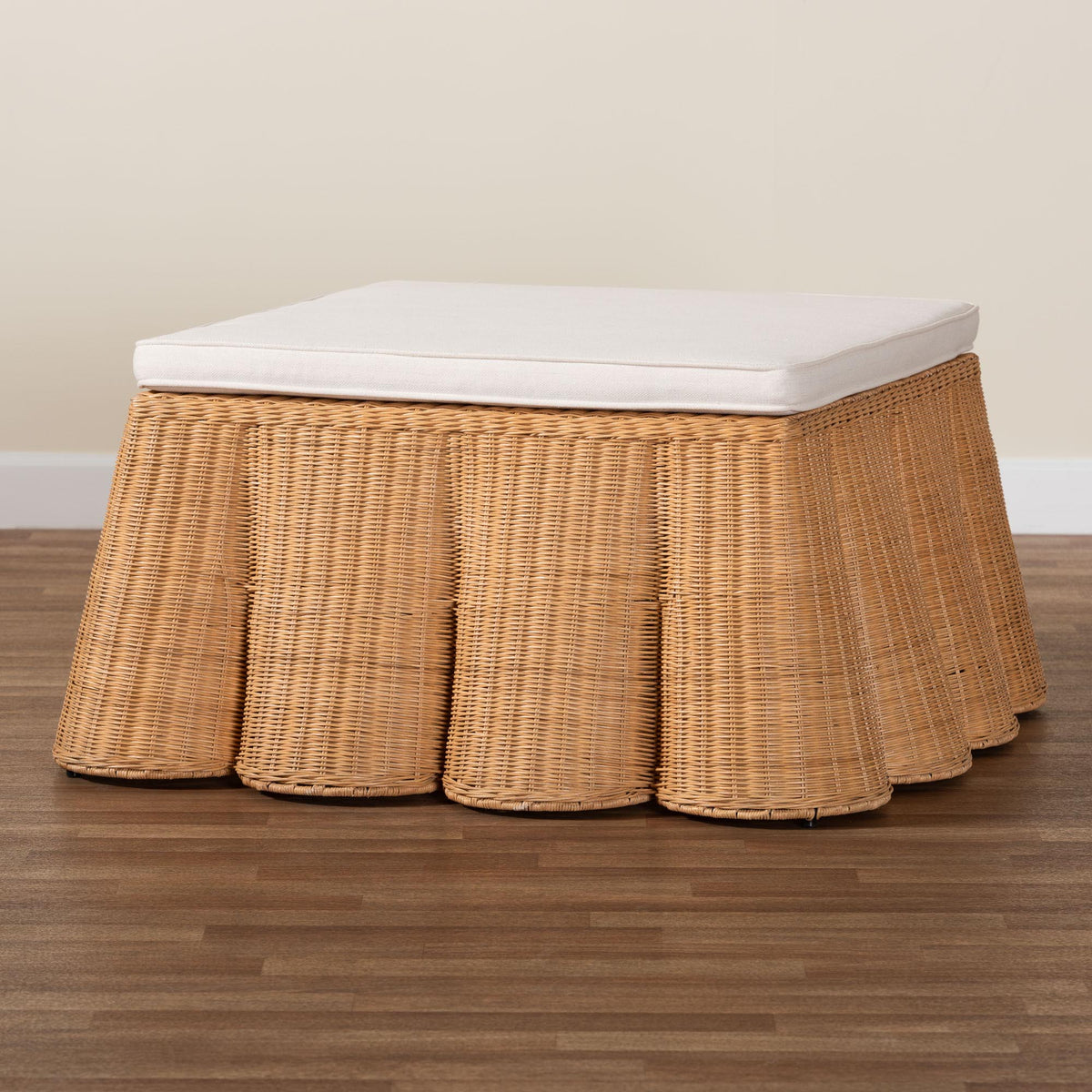 Palm Scallop Natural Rattan Ottoman with Cushion - Handwoven Wicker Accent Bench or Footrest for Living Room, Bedroom, or Sunroom Decor, 39" Square