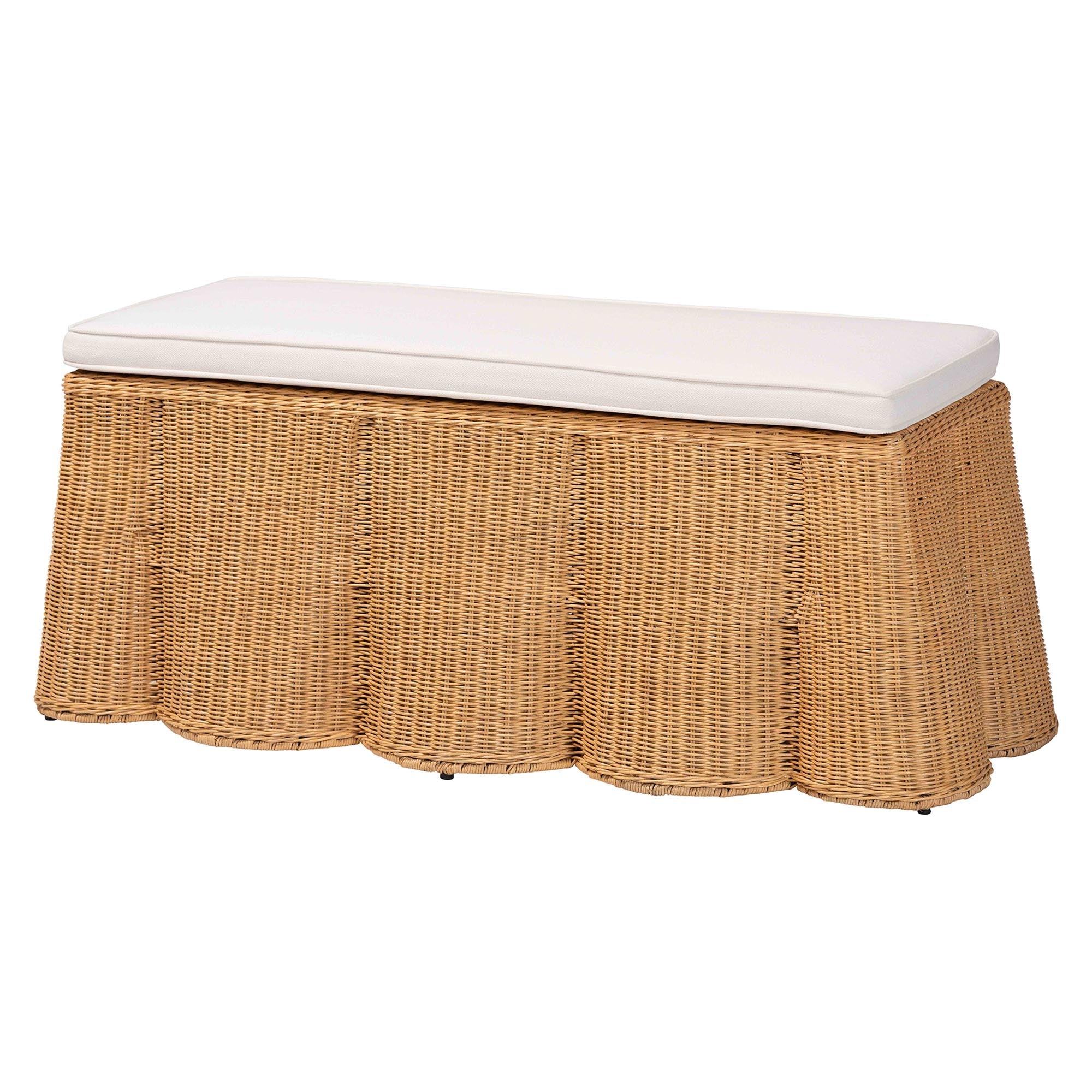 Palm Scallop Natural Rattan Ottoman with Cushion - Handwoven Wicker Accent Bench for Living Room, Bedroom or Entryway, Coastal Boho Style Accent Furniture, Rectangle