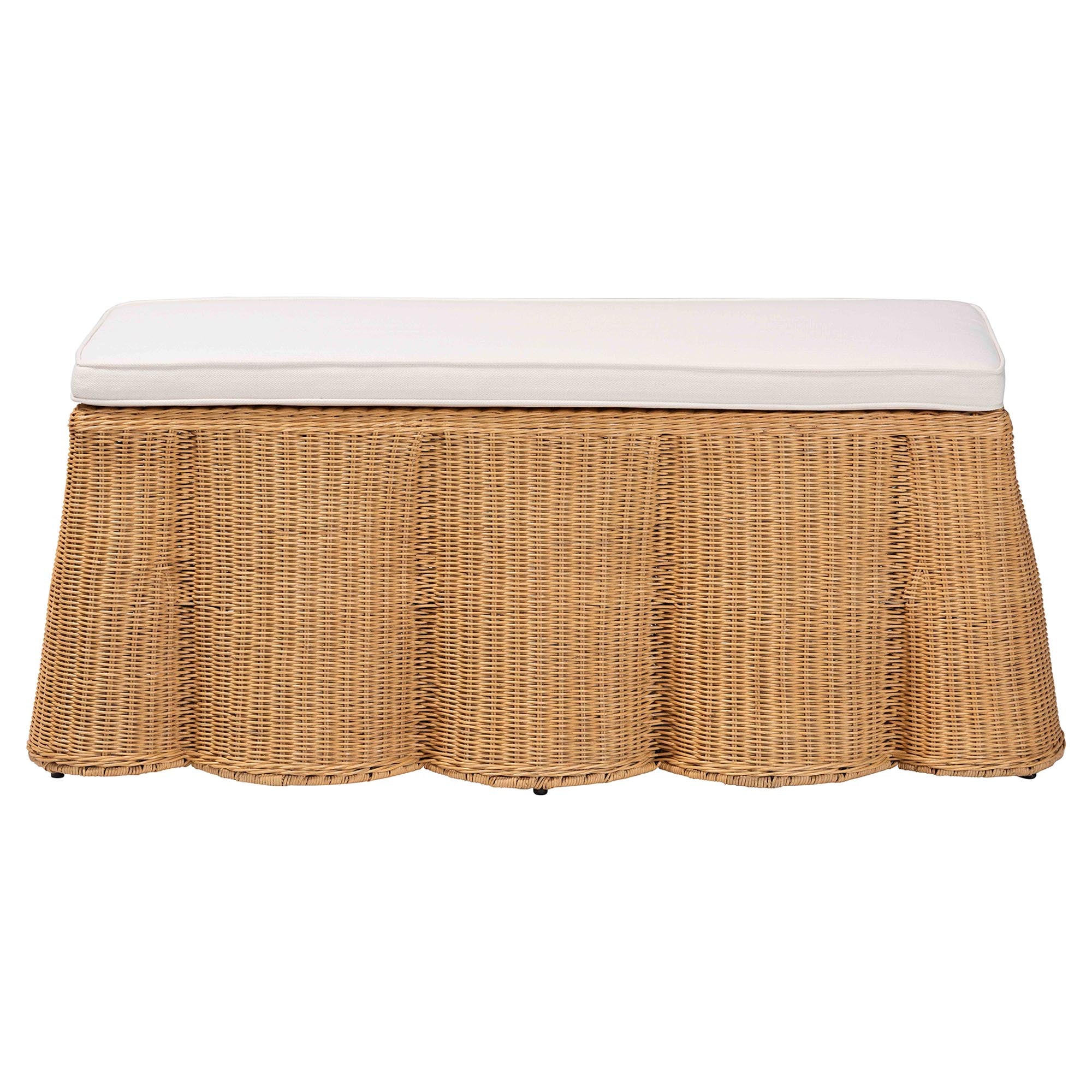Palm Scallop Natural Rattan Ottoman with Cushion - Handwoven Wicker Accent Bench for Living Room, Bedroom or Entryway, Coastal Boho Style Accent Furniture, Rectangle