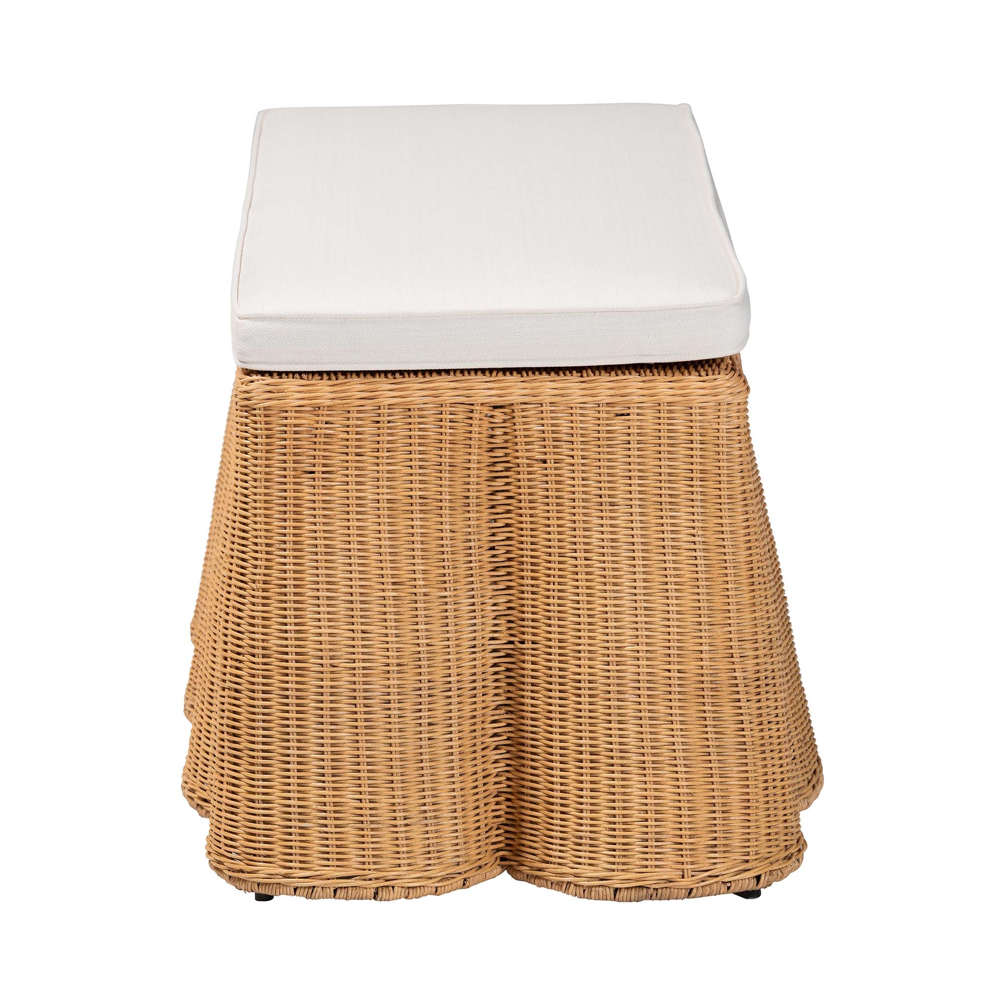 Palm Scallop Natural Rattan Ottoman with Cushion - Handwoven Wicker Accent Bench for Living Room, Bedroom or Entryway, Coastal Boho Style Accent Furniture, Rectangle
