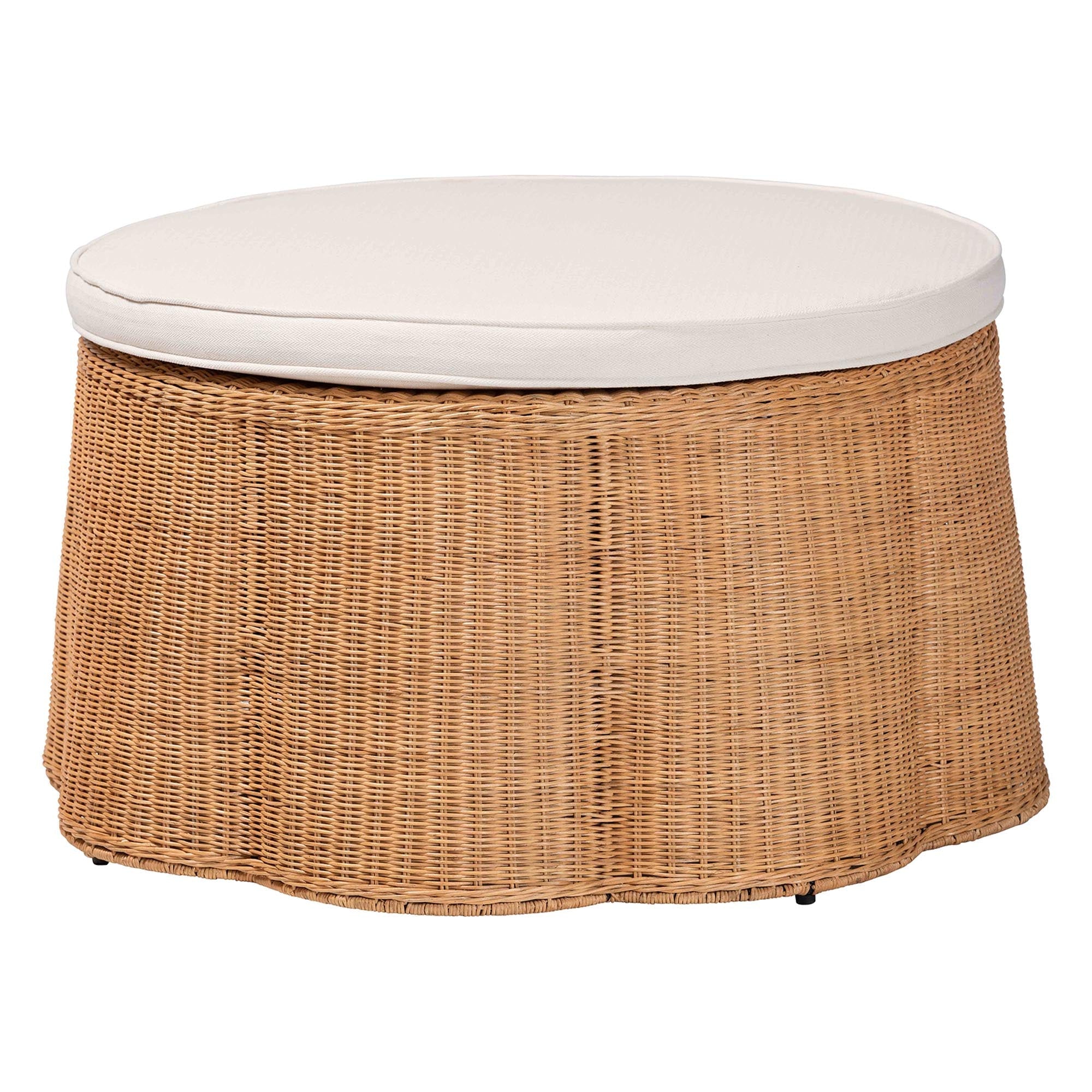 Palm Scallop Natural Rattan Ottoman with Cushion - Handwoven Wicker Accent Stool or Footrest for Living Room, Bedroom, or Sunroom, Coastal Boho Style, 32" Round