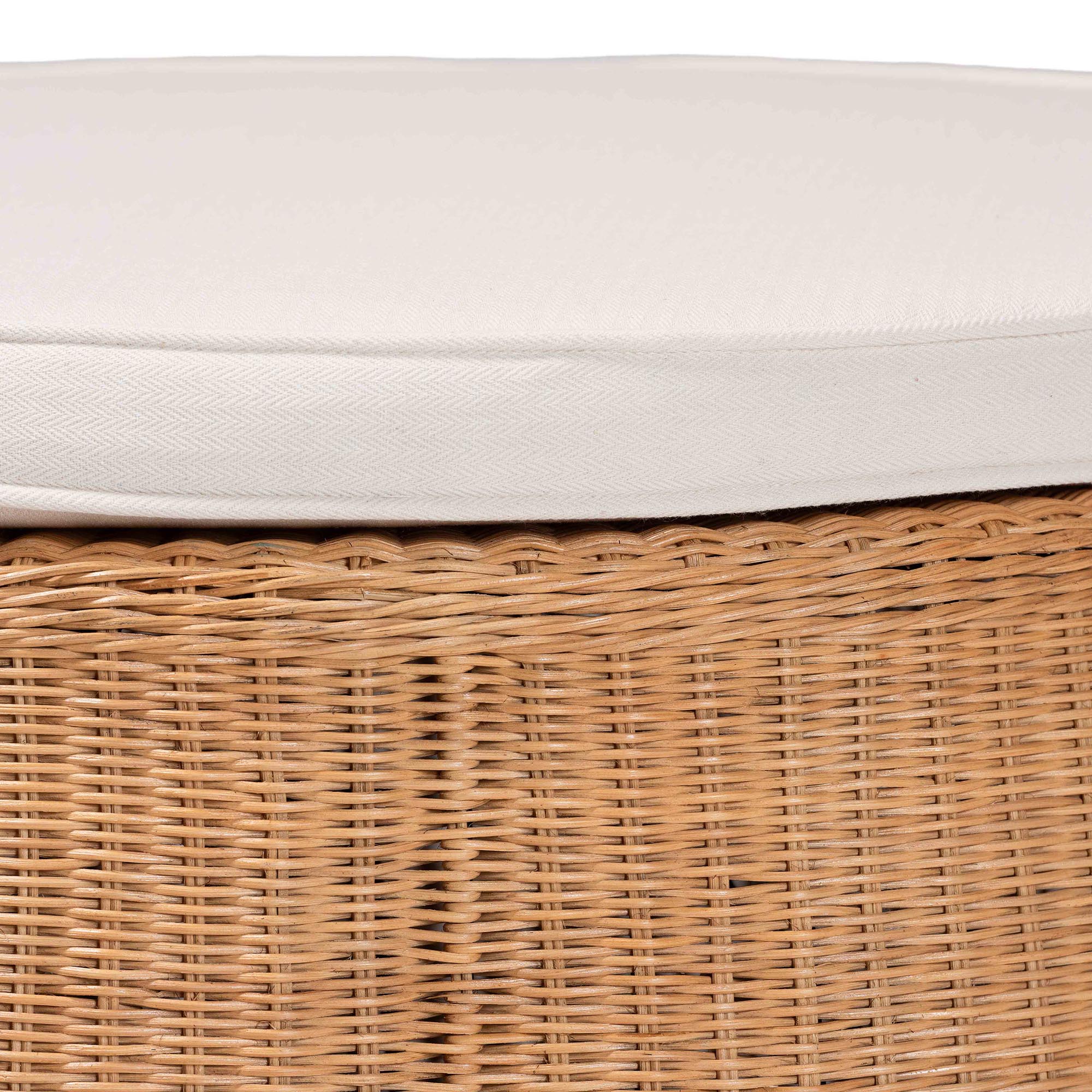 Palm Scallop Natural Rattan Ottoman with Cushion - Handwoven Wicker Accent Stool or Footrest for Living Room, Bedroom, or Sunroom, Coastal Boho Style, 32" Round