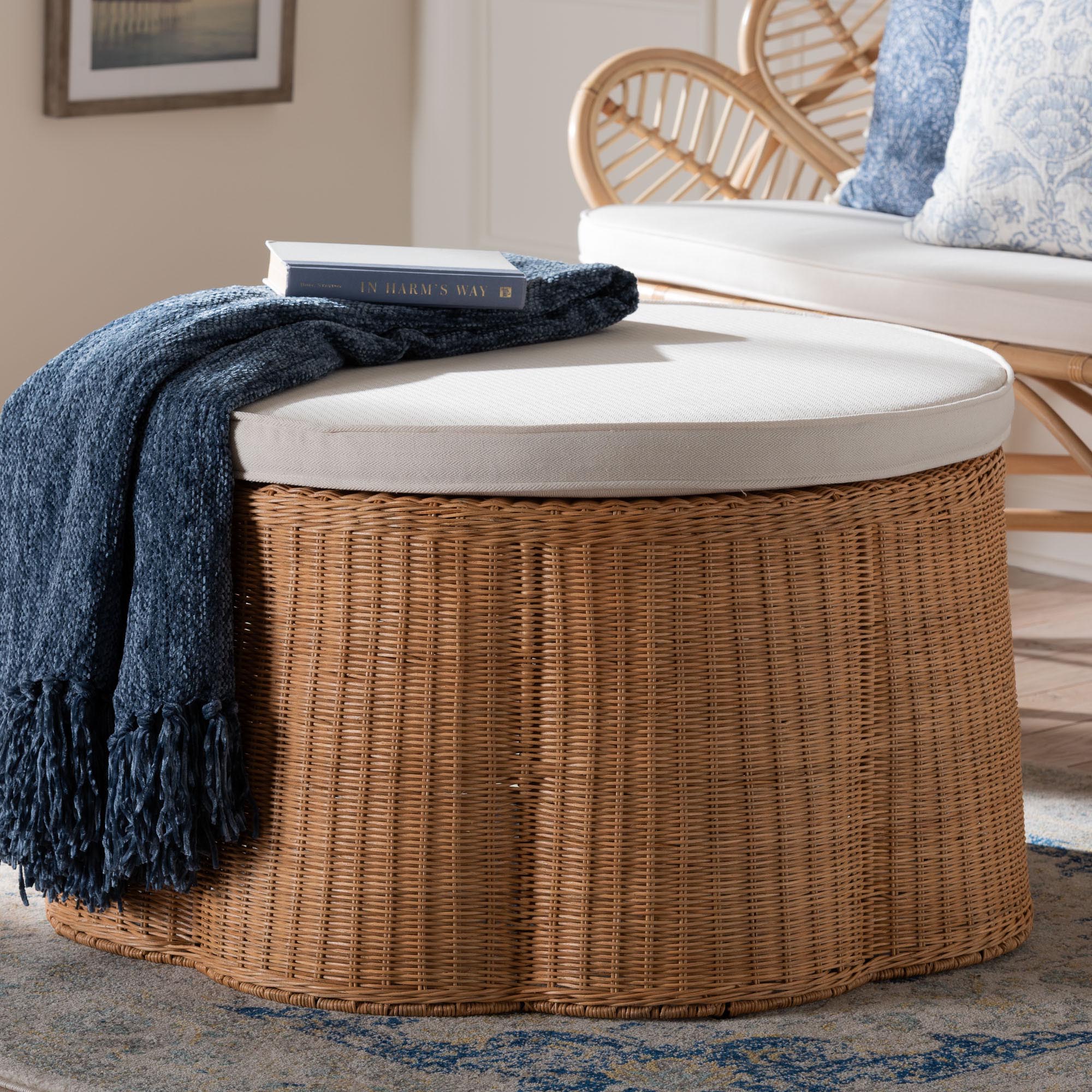 Palm Scallop Natural Rattan Ottoman with Cushion - Handwoven Wicker Accent Stool or Footrest for Living Room, Bedroom, or Sunroom, Coastal Boho Style, 32" Round