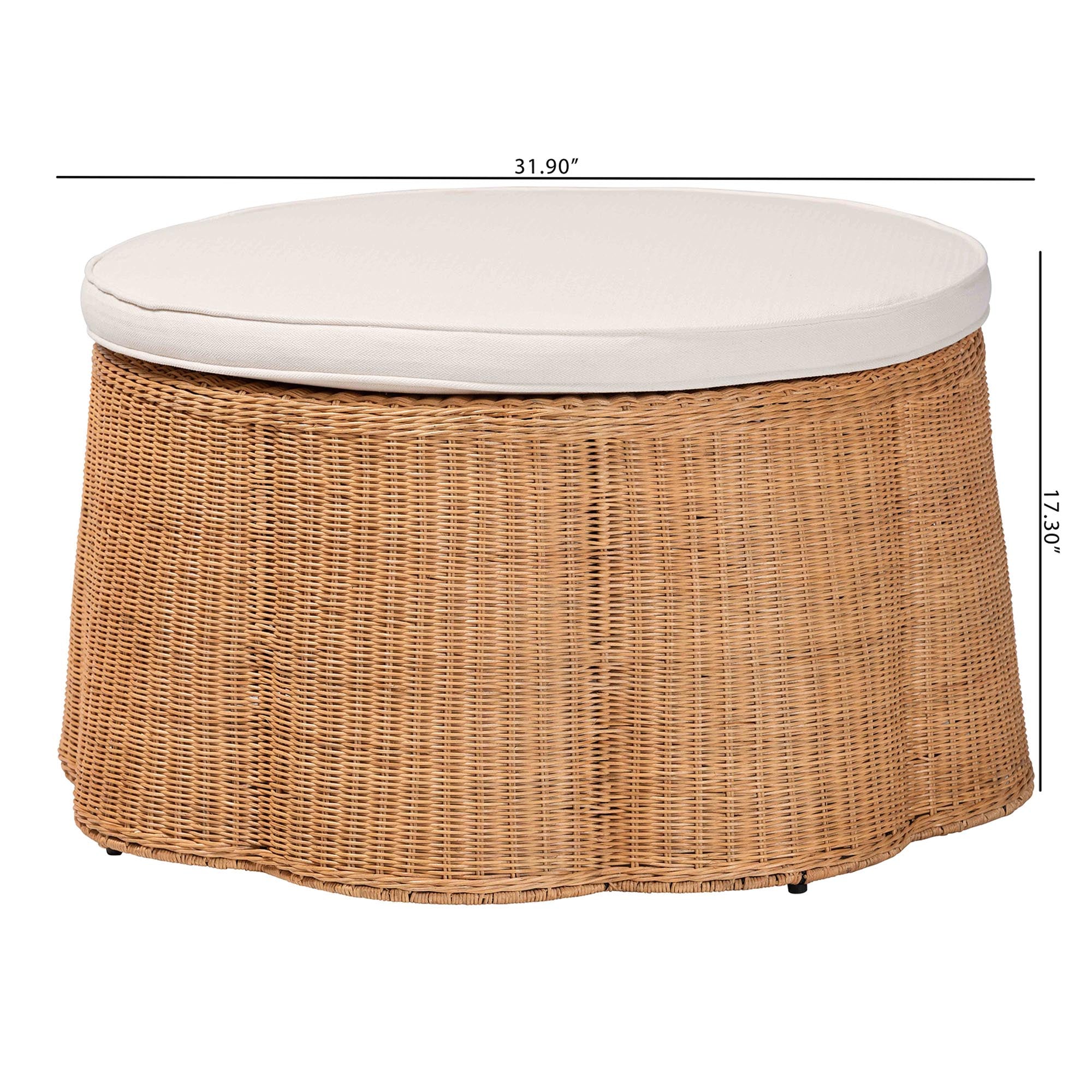 Palm Scallop Natural Rattan Ottoman with Cushion - Handwoven Wicker Accent Stool or Footrest for Living Room, Bedroom, or Sunroom, Coastal Boho Style, 32" Round