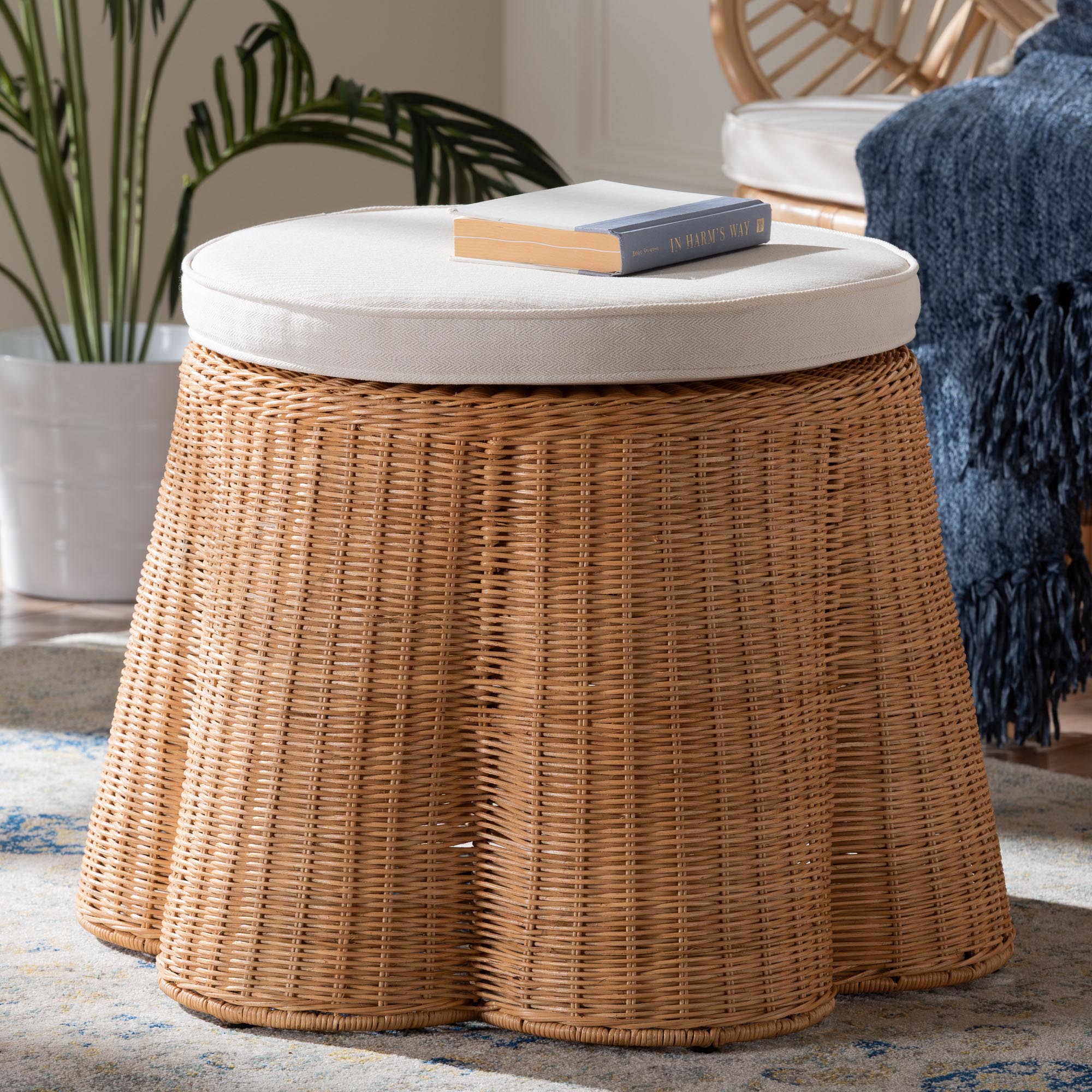 Palm Scallop Natural Rattan Ottoman with Cushion - Handwoven Wicker Accent Stool or Footrest for Living Room, Bedroom, or Sunroom, Coastal Boho Style, 26" Round