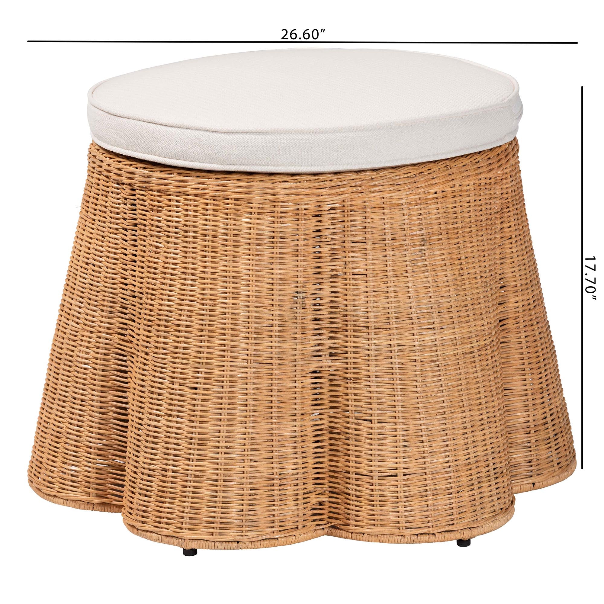 Palm Scallop Natural Rattan Ottoman with Cushion - Handwoven Wicker Accent Stool or Footrest for Living Room, Bedroom, or Sunroom, Coastal Boho Style, 26" Round