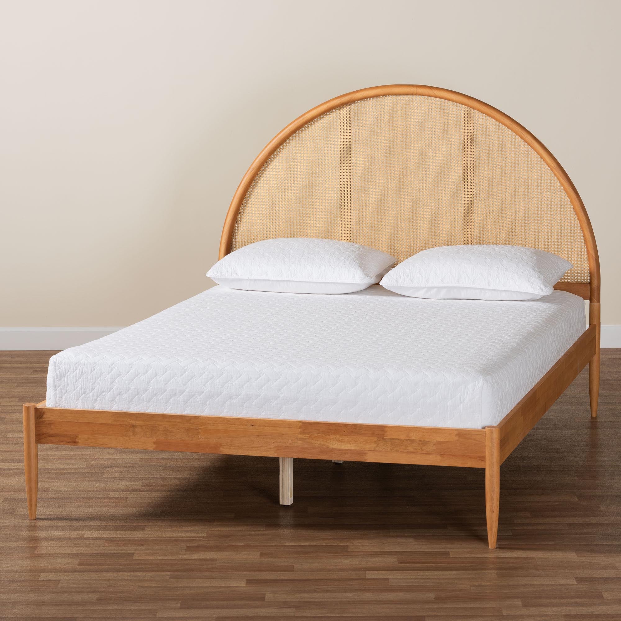 Wrenley Japandi Oak Brown Wood Queen Bed with Antique Rattan