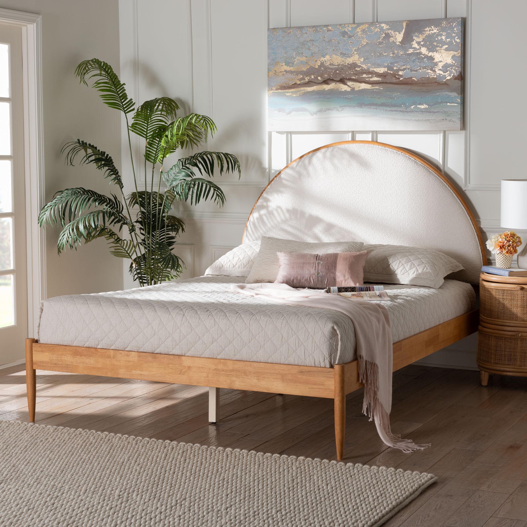Dawson Japandi Cream Teddy Fabric and Oak Brown Wood Queen Bed