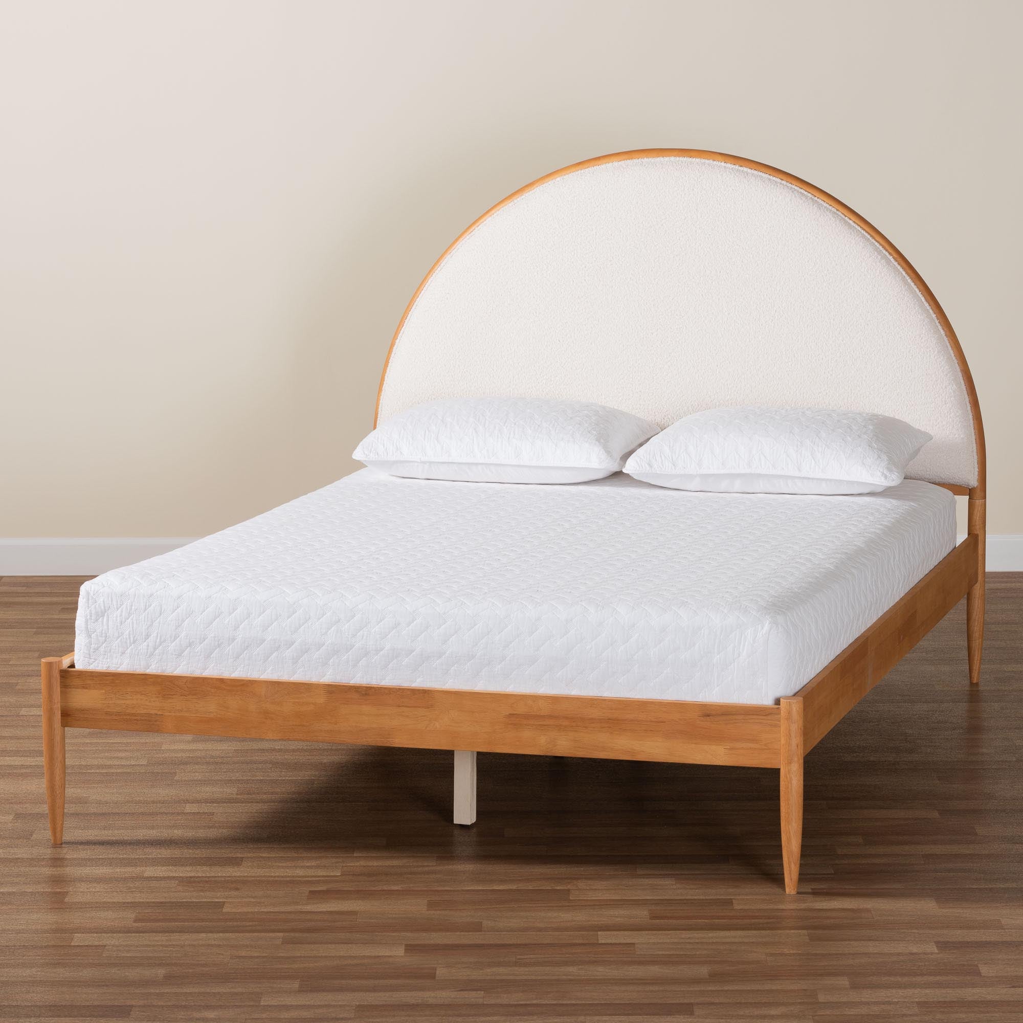 Dawson Japandi Cream Teddy Fabric and Oak Brown Wood Queen Bed