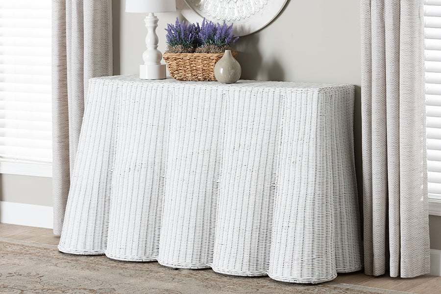 Palm Bohemian White Scallop Rattan Console Table