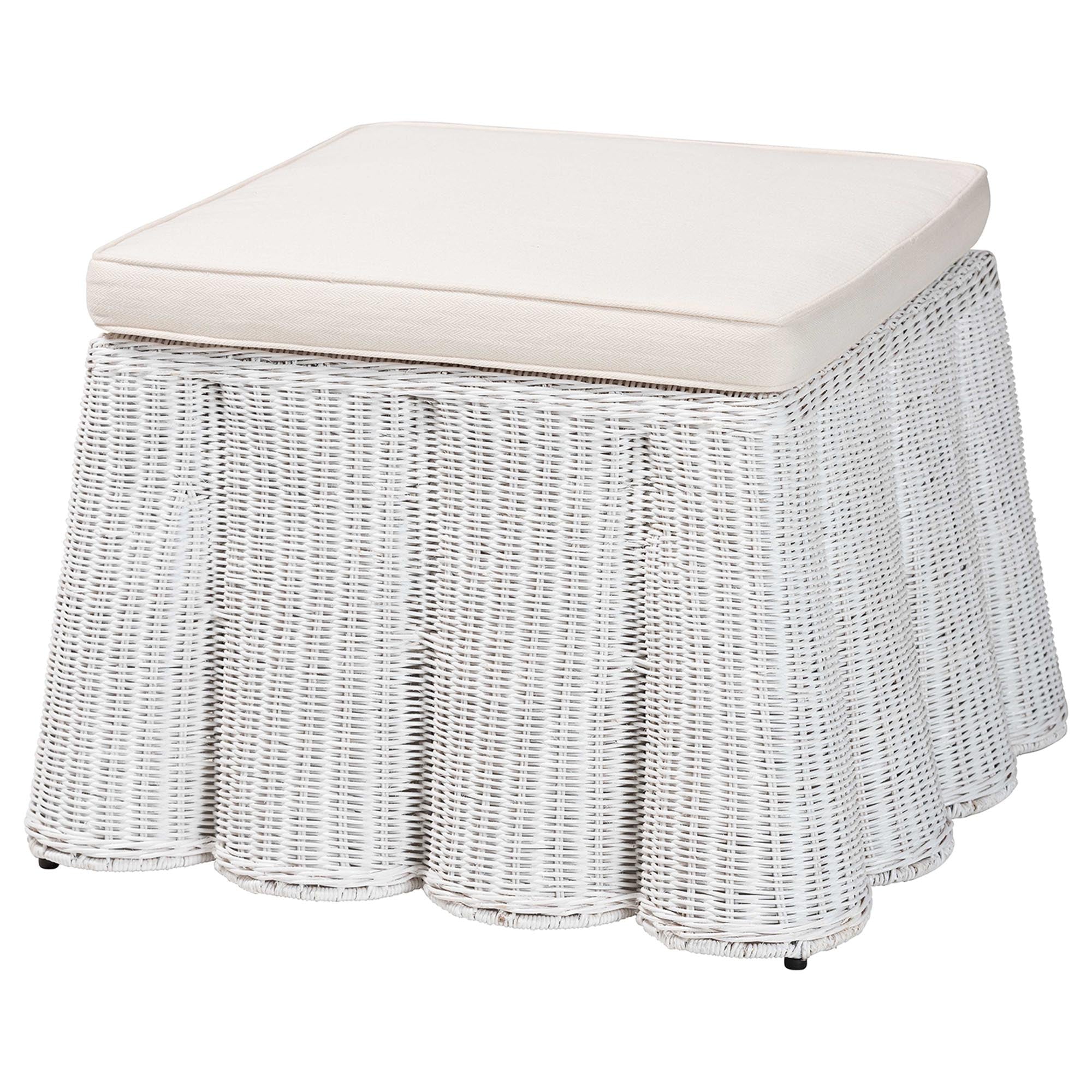 Palm Bohemian White Scallop Rattan Ottoman