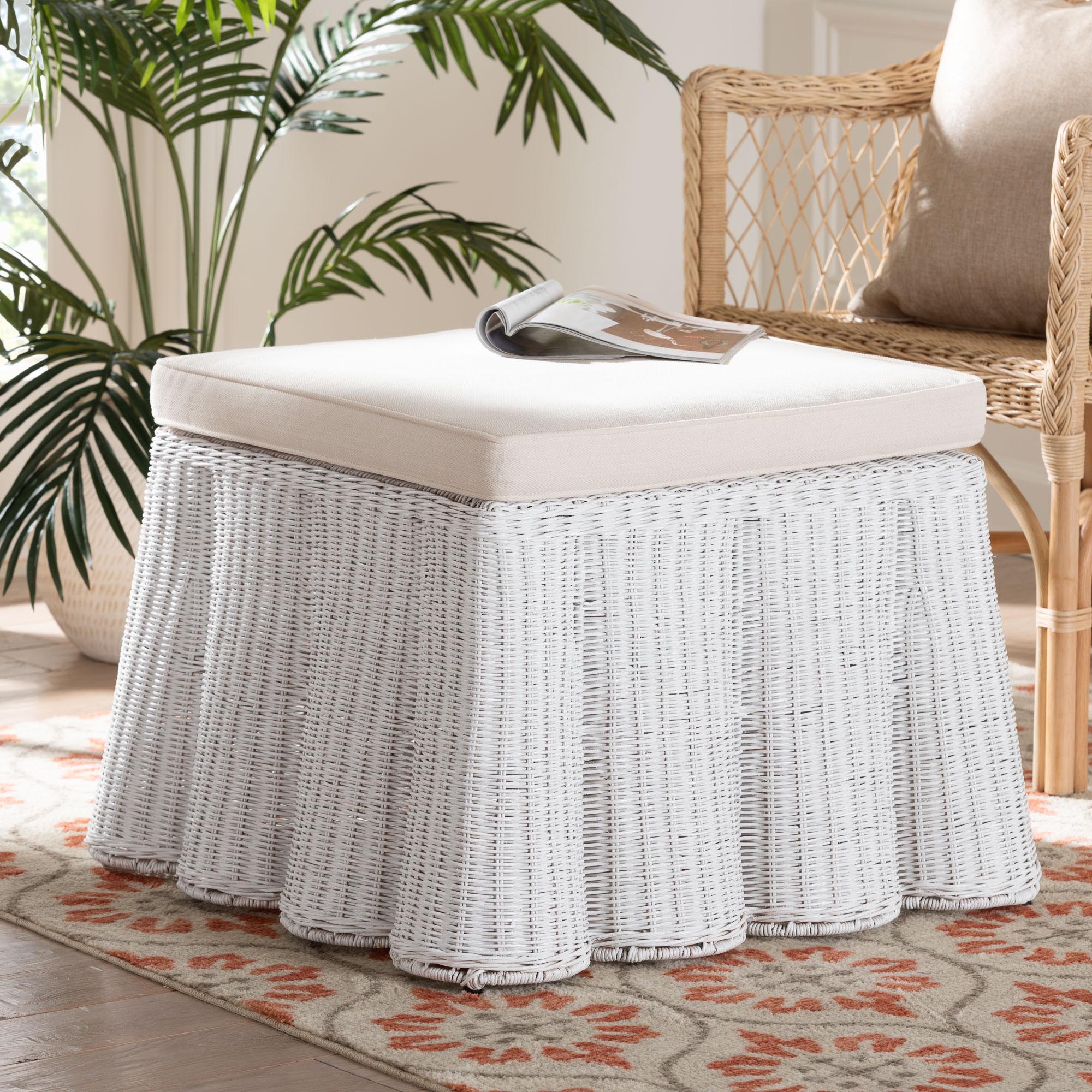 Palm Bohemian White Scallop Rattan Ottoman