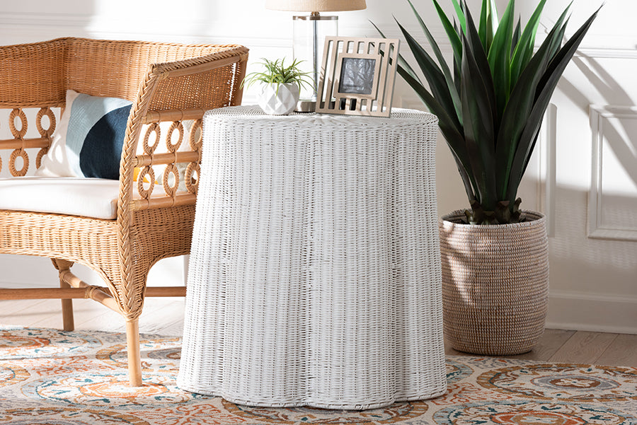 Palm Bohemian White Scalloped Rattan Console Table