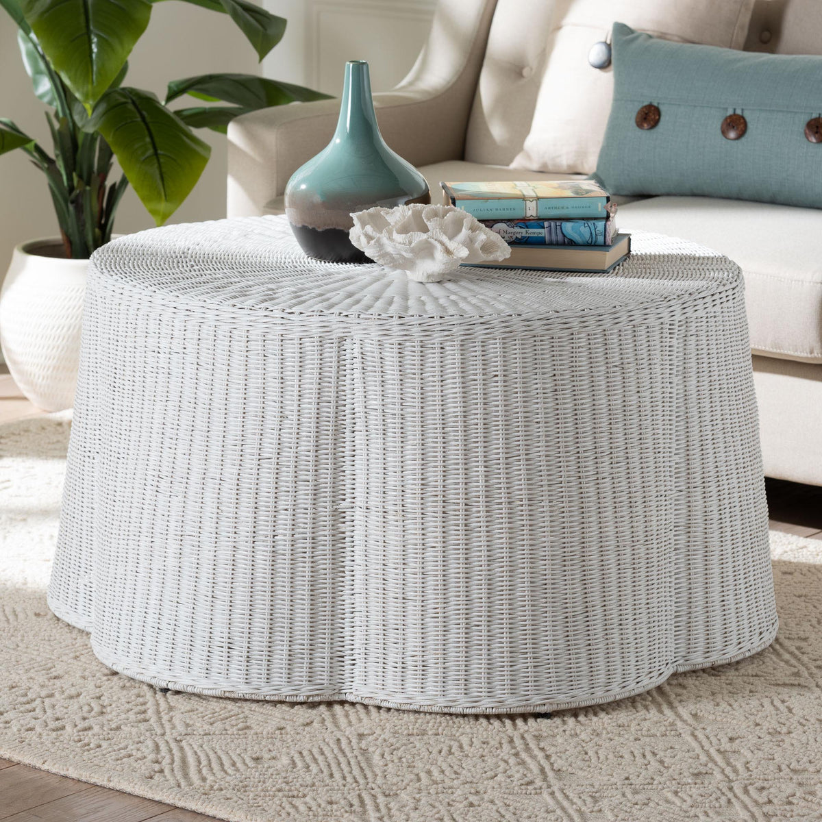 Palm Scalloped White Rattan Coffee Table