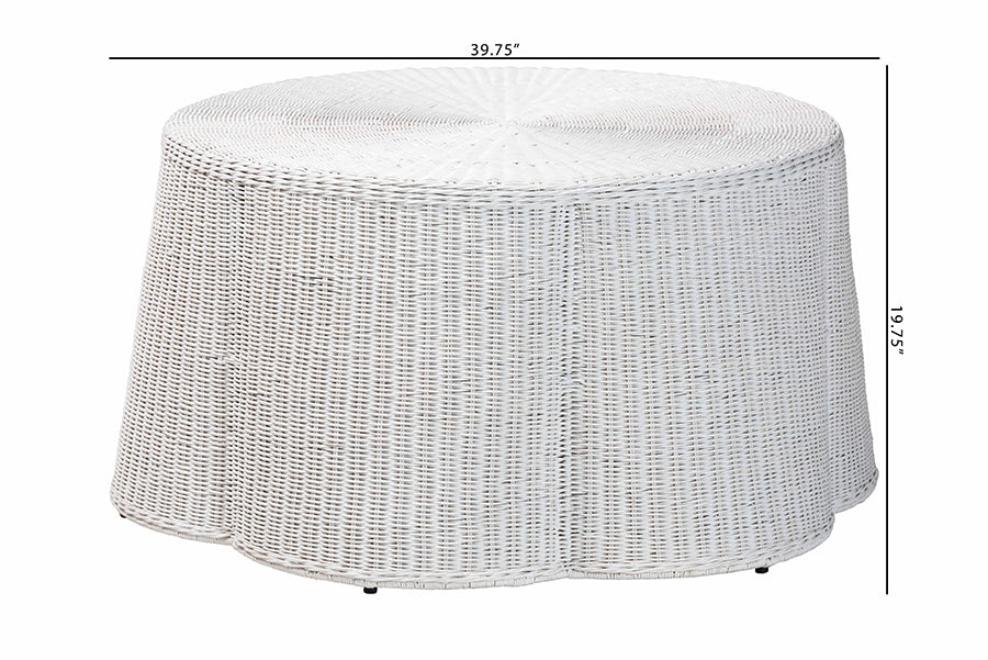 Palm Scalloped White Rattan Coffee Table