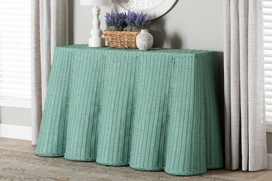Palm Bohemian Seafoam Green Scallop Rattan Console Table
