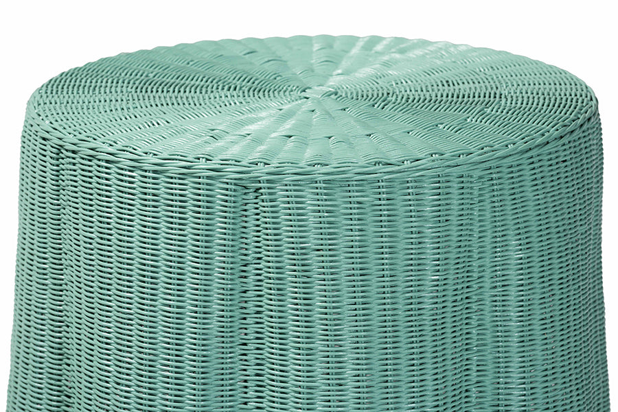 Palm Scallop Natural Rattan Console Table, Green - Handwoven Wicker Round Accent Table