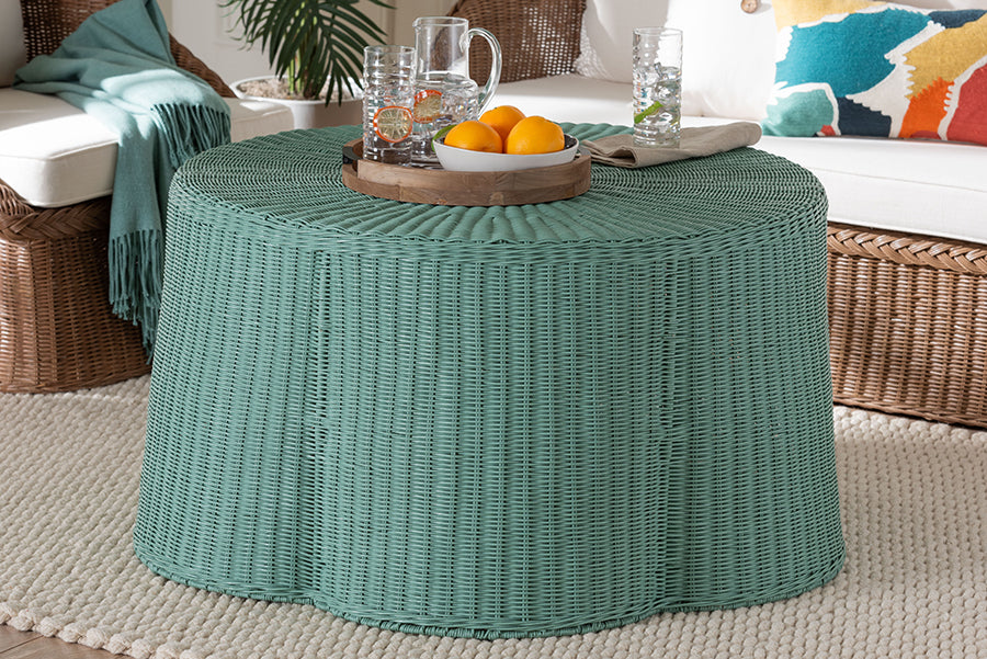 Palm Bohemian Seafoam Green Scalloped Rattan Coffee Table