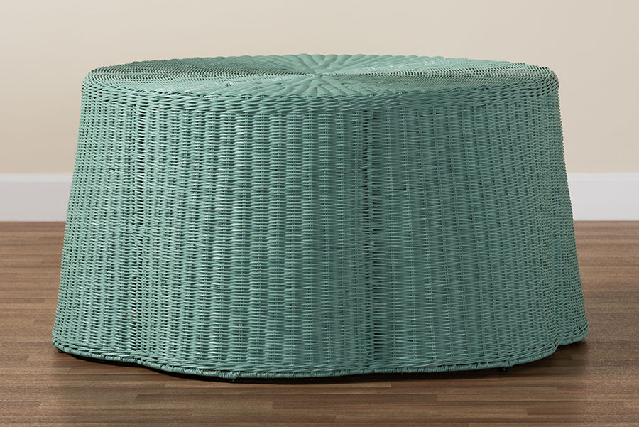 Palm Bohemian Seafoam Green Scalloped Rattan Coffee Table