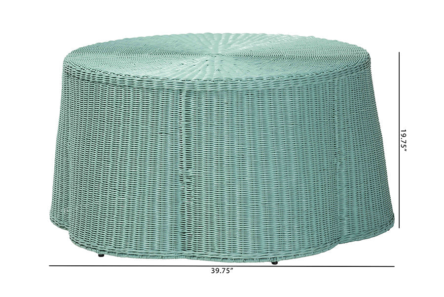 Palm Bohemian Seafoam Green Scalloped Rattan Coffee Table