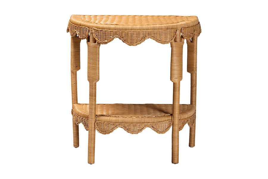Paisley Bohemian Scallop Light Honey Rattan Console Table