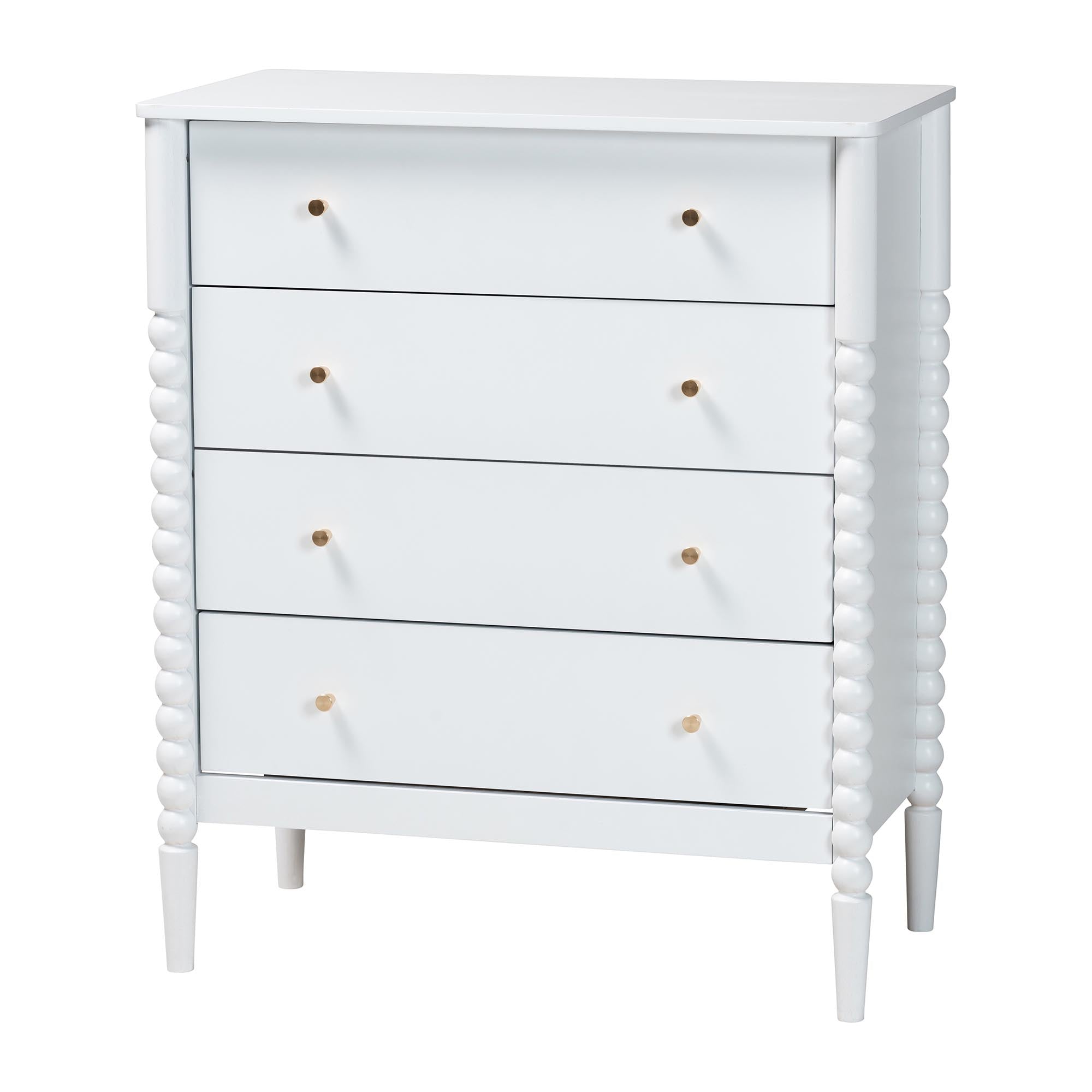 Lucera Mid-Century White Bobbin Wood 4-Drawer Chest