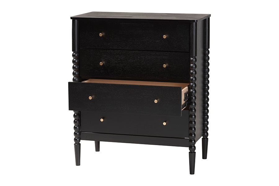 Lucera Mid-Century Black Bobbin Wood 4-Drawer Chest