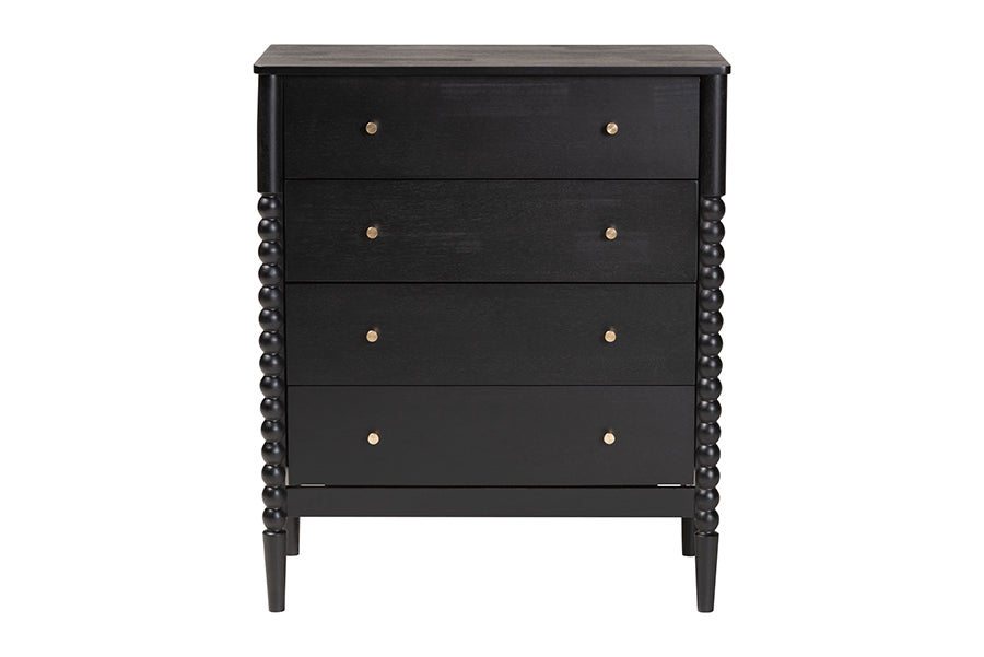Lucera Mid-Century Black Bobbin Wood 4-Drawer Chest