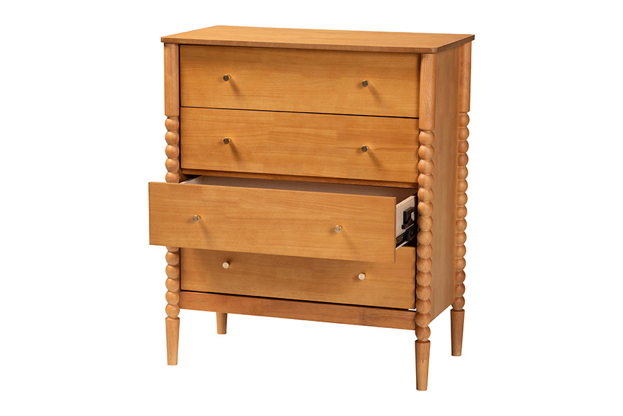 Lucera Mid-Century Oak Brown Bobbin Wood 4-Drawer Chest