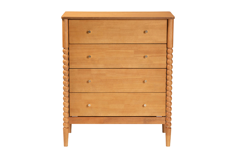 Lucera Mid-Century Oak Brown Bobbin Wood 4-Drawer Chest