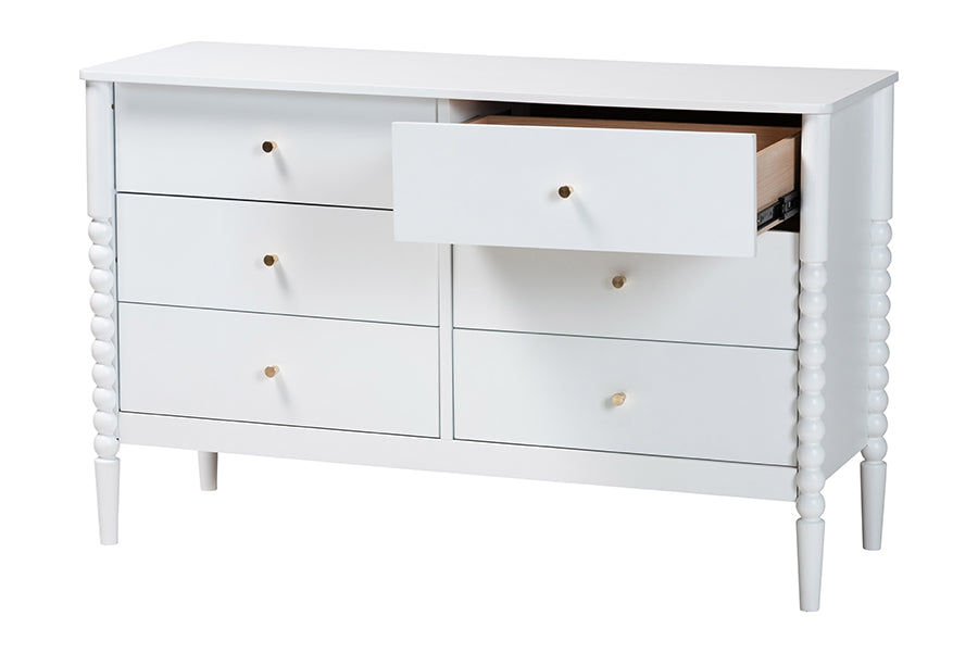 Lucera Mid-Century White Bobbin Wood 6-Drawer Dresser