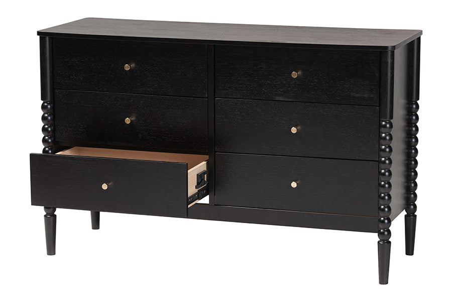 Lucera Mid-Century Black Bobbin Wood 6-Drawer Dresser